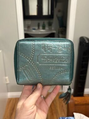 Coach Metallic Teal Embossed Zip Wallet